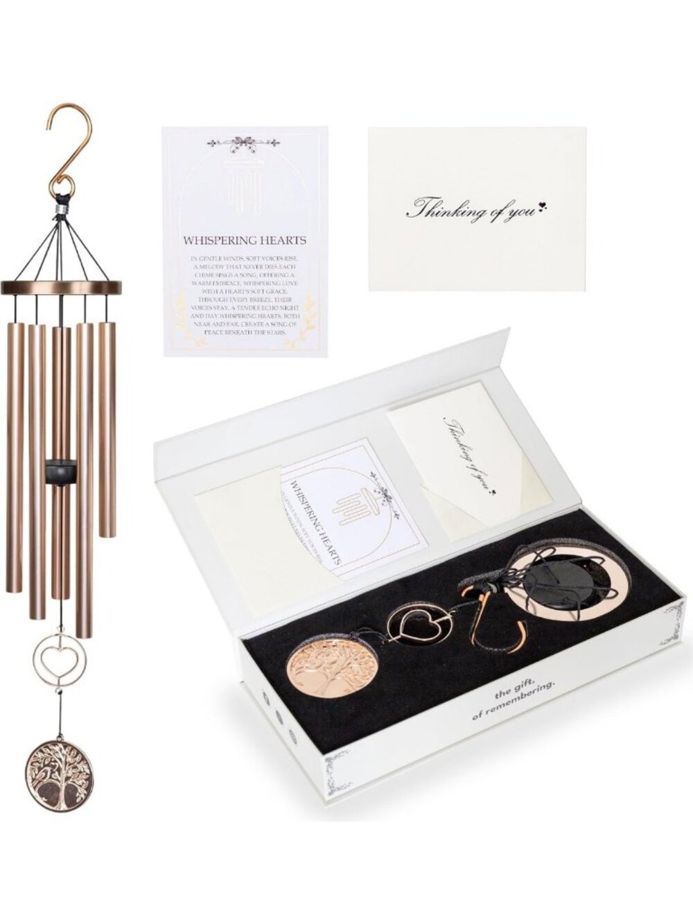 30” Memorial Wind Chime in Gift Box – Elegant Whispering Hearts Design, Platinum